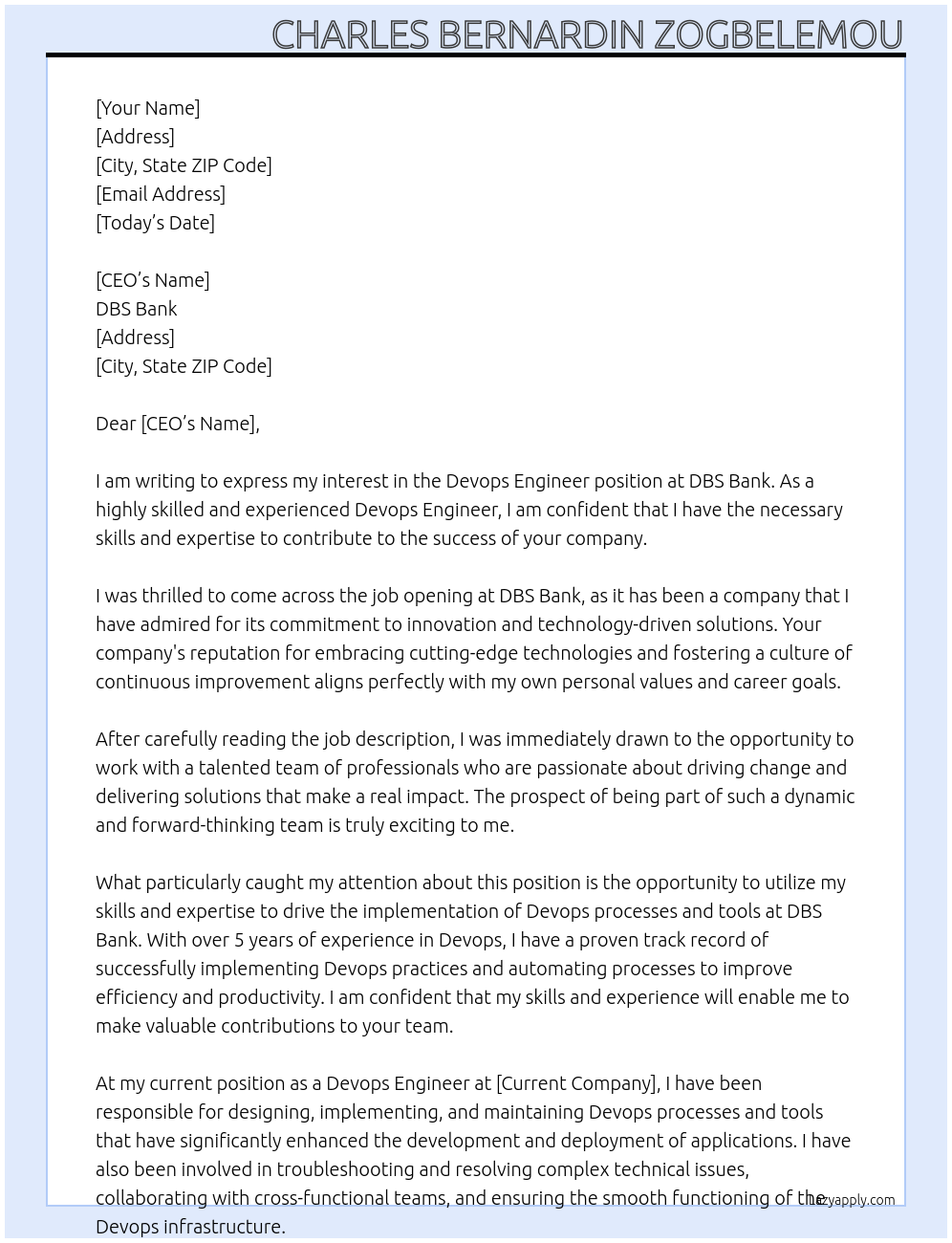 Devops Engineer At DBS Bank Cover Letter