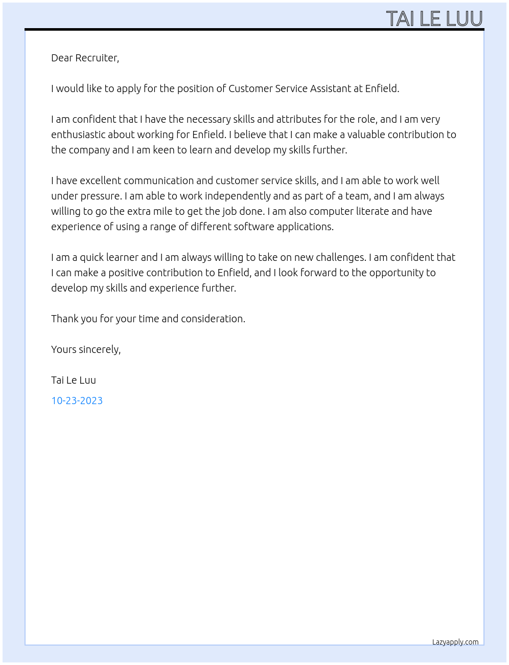 Customer Service Assistant At Enfield Cover Letter