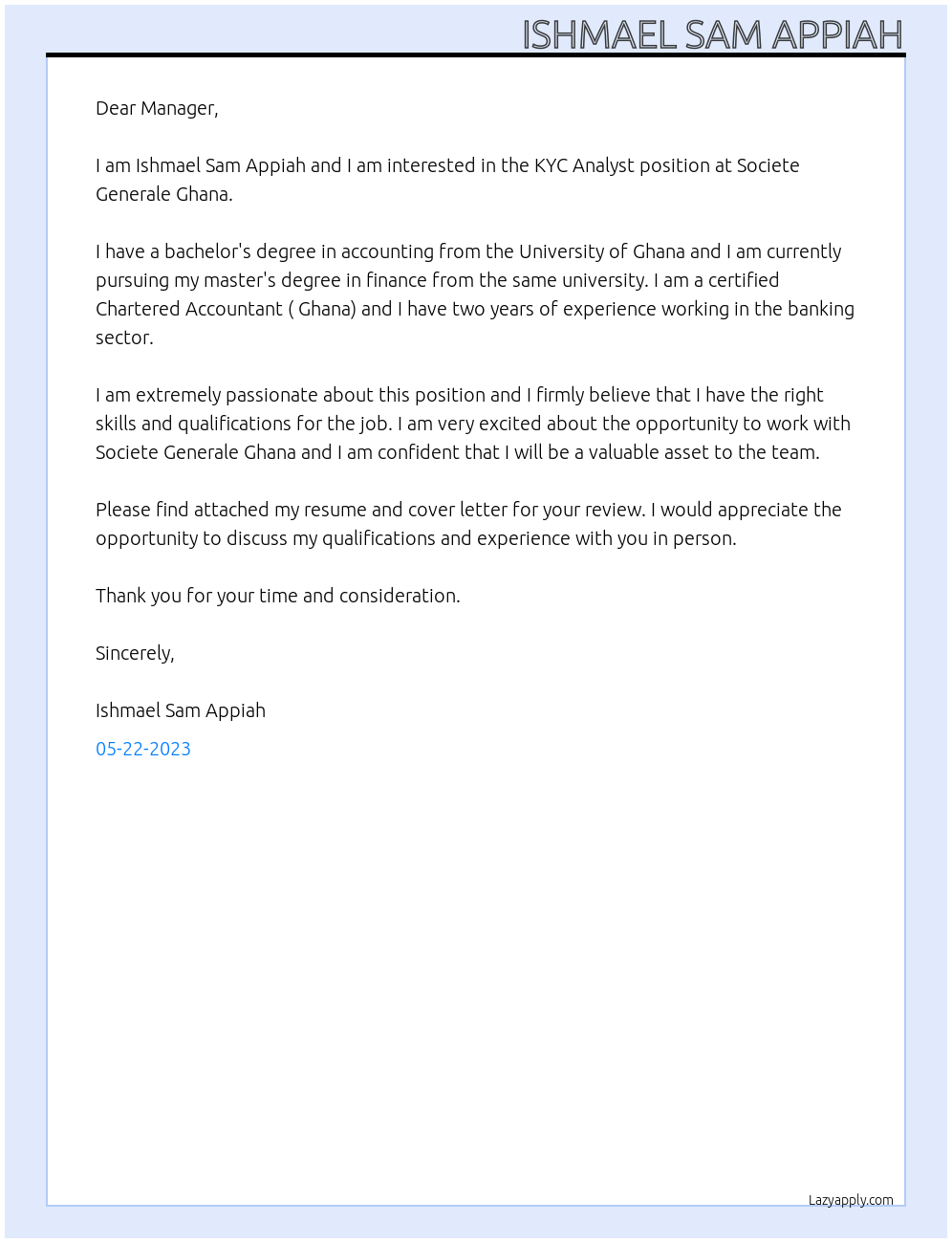 KYC Analyst At Societe Generale Ghana Cover Letter