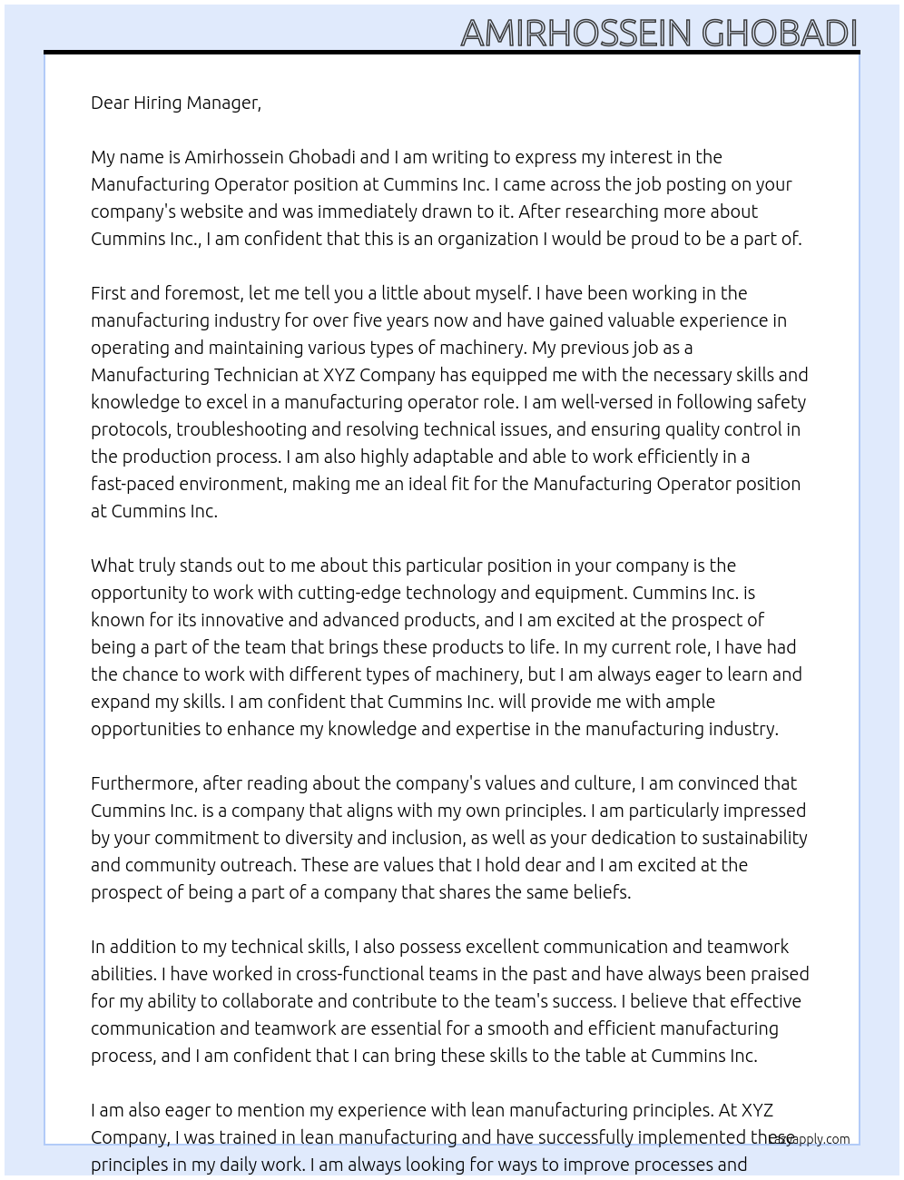 Manufacturing Operator At Cummins Inc. Cover Letter
