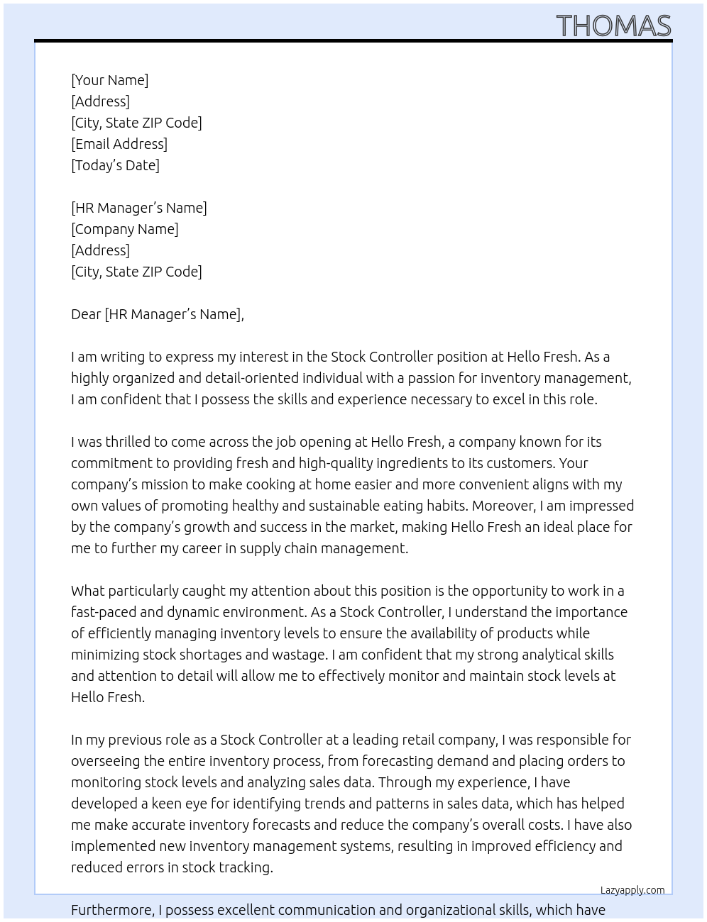 Stock Controller At Hello Fresh Cover Letter