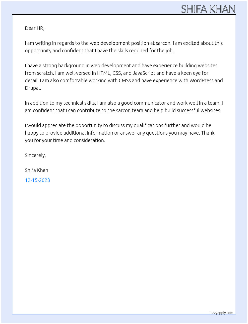 web development At sarcon Cover Letter