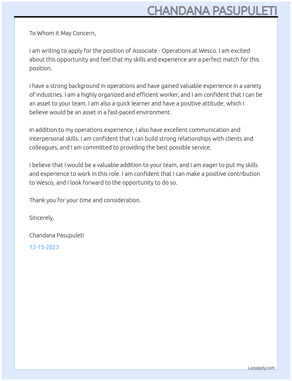 associate - operations  At wesco  Cover Letter