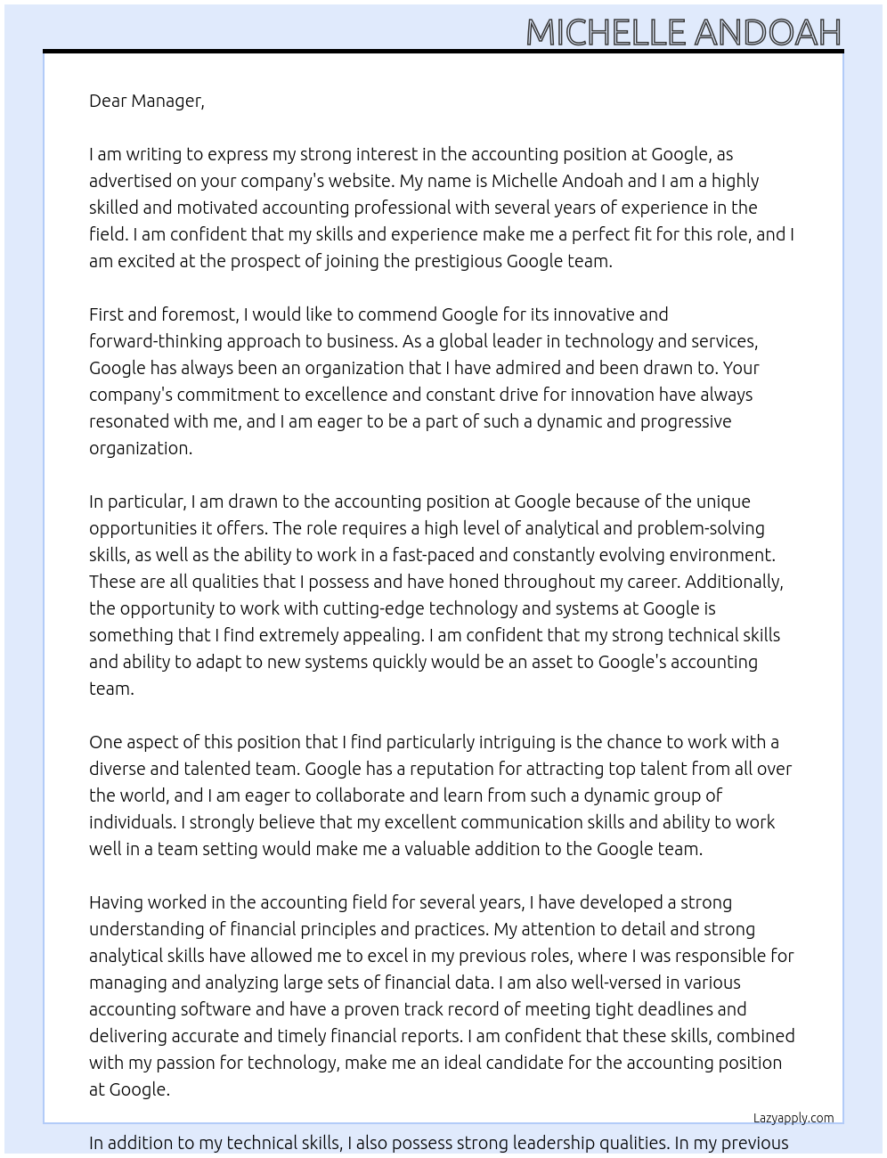 accounting At google Cover Letter