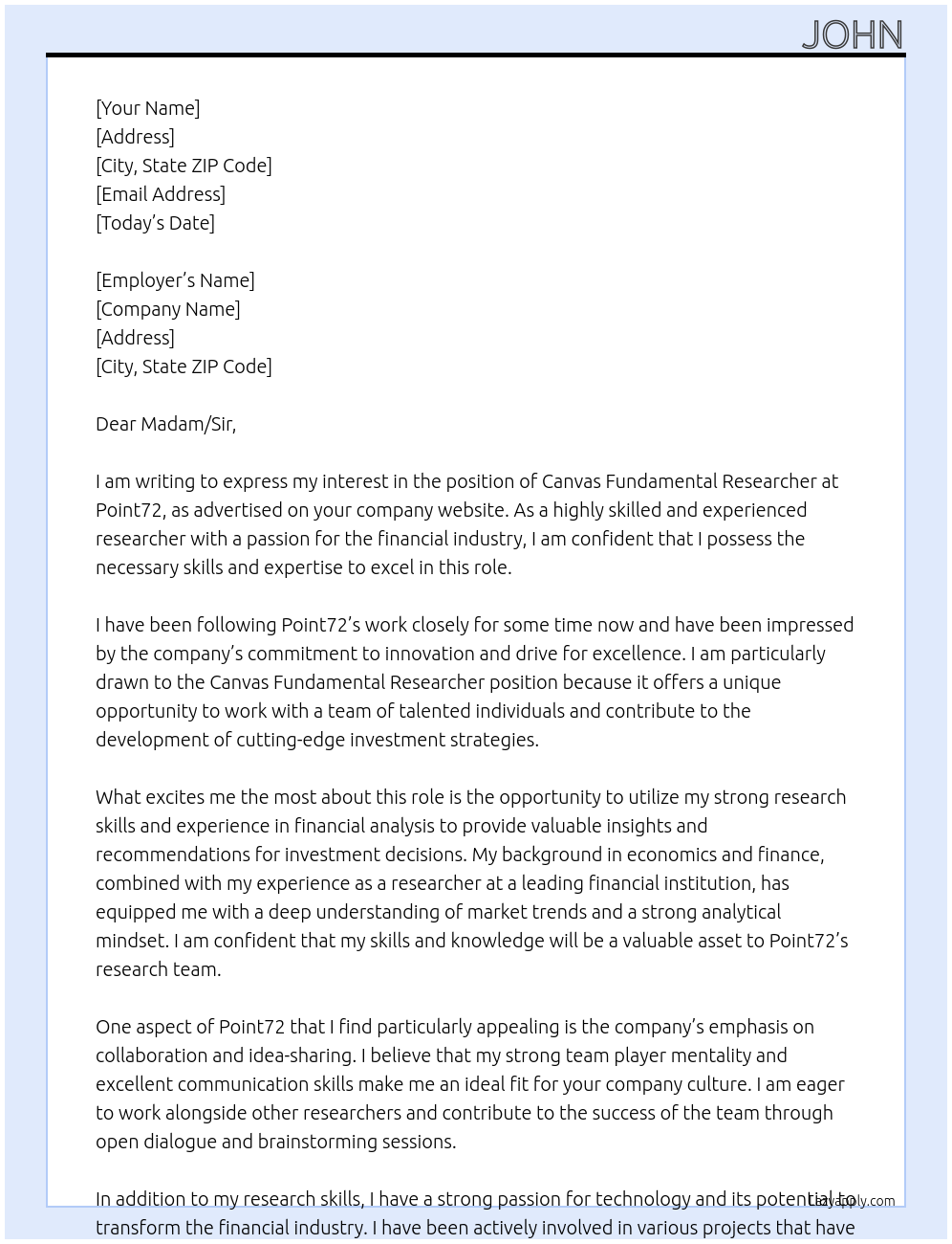 Canvas Fundamental Researcher At Point72 Cover Letter