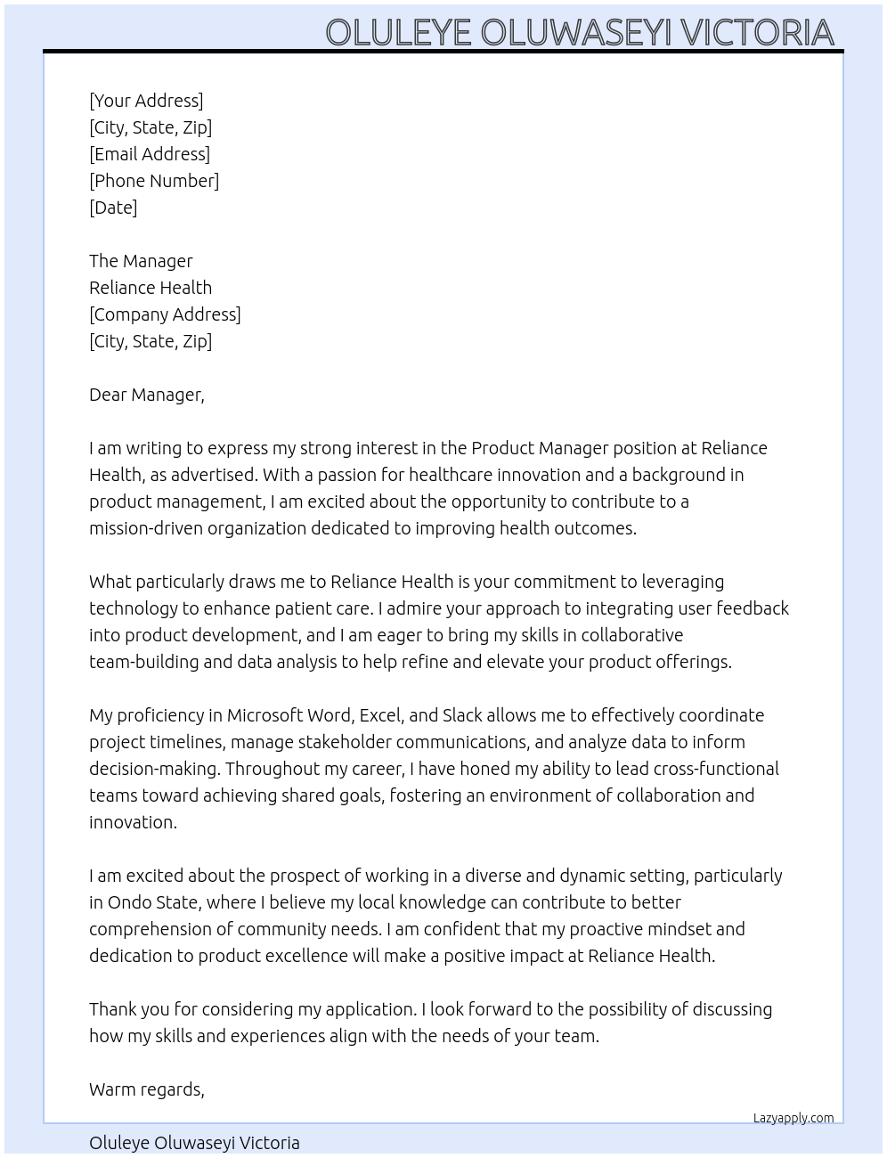 Product manager  At Reliance health Cover Letter