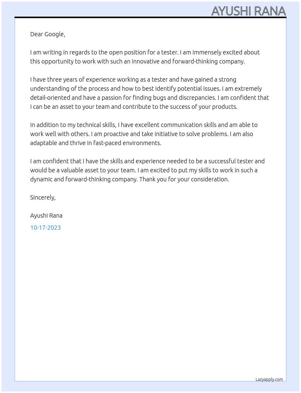 testing At google Cover Letter