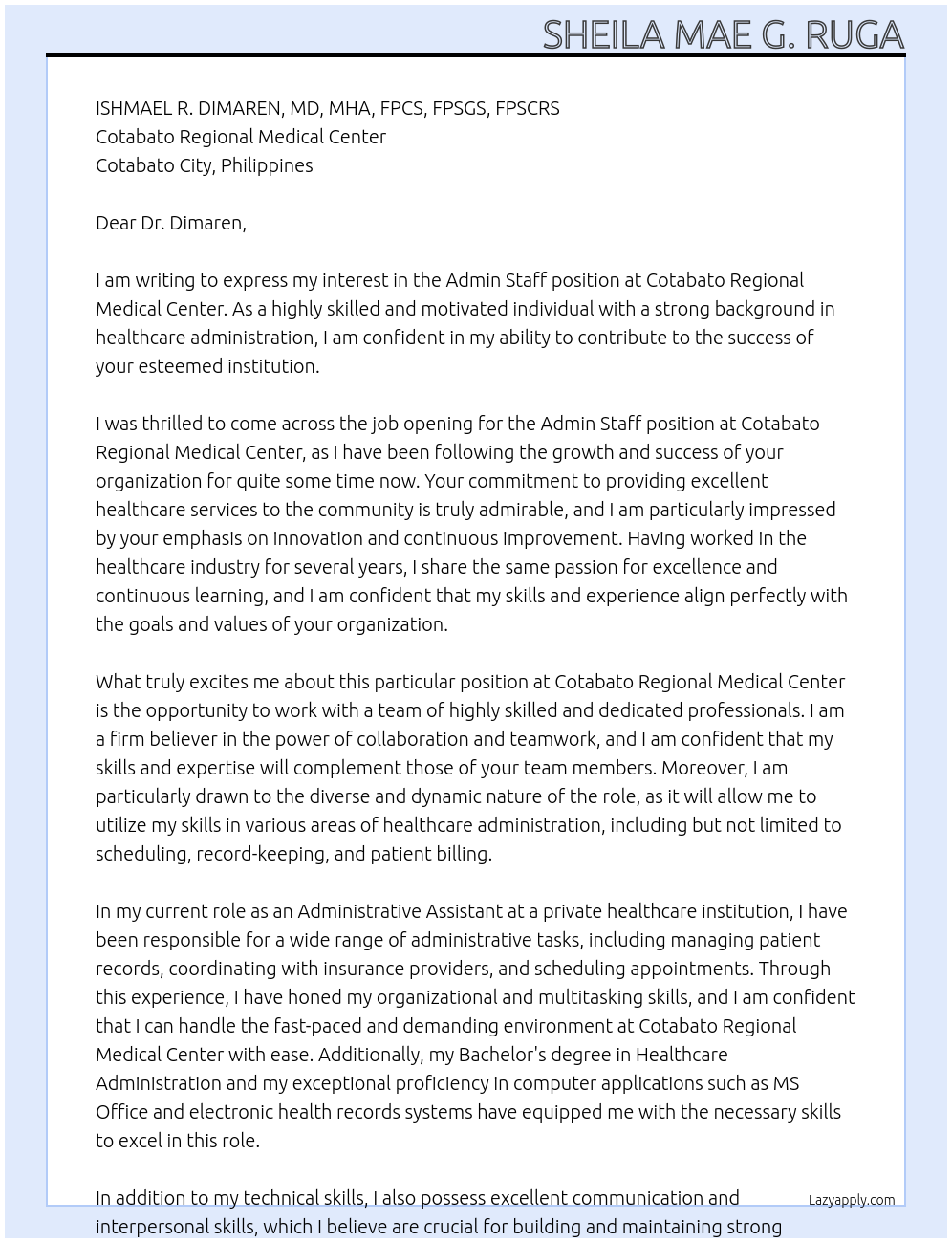admin staff At Cotabato Regional Medical Center Cover Letter