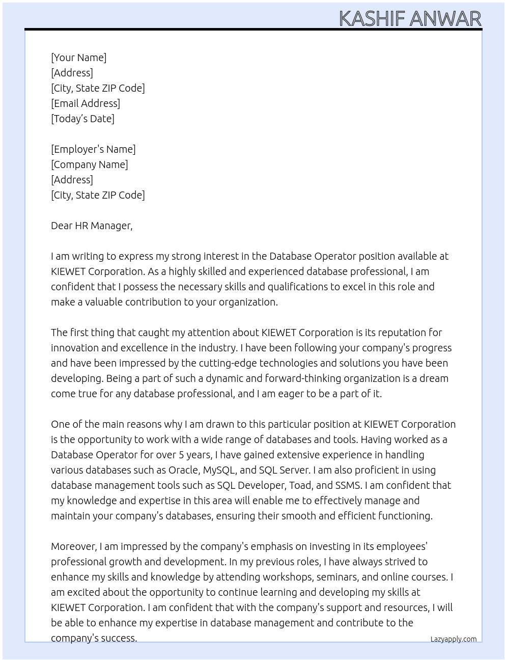 Cover letter for database operator - LazyApply
