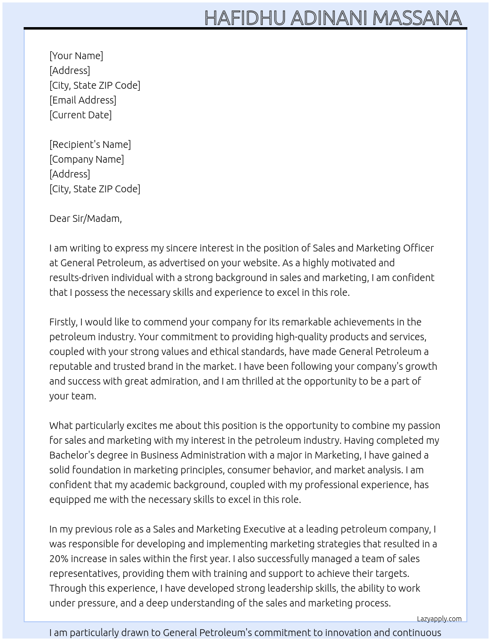 Sales and marketing officer At General petroleum Cover Letter