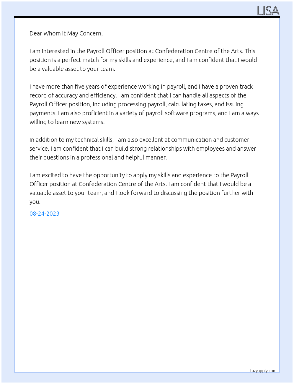 Payroll officer At Confederation Centre of the Arts Cover Letter