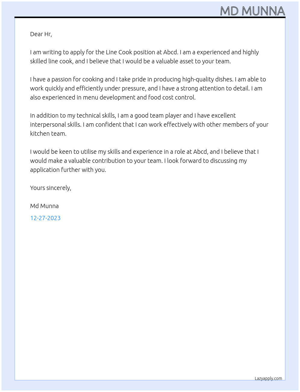 Line cook  At Abcd Cover Letter