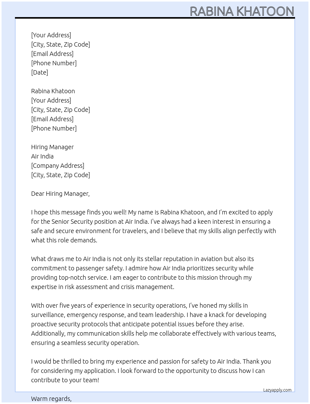 Air India security  At Air India  Cover Letter