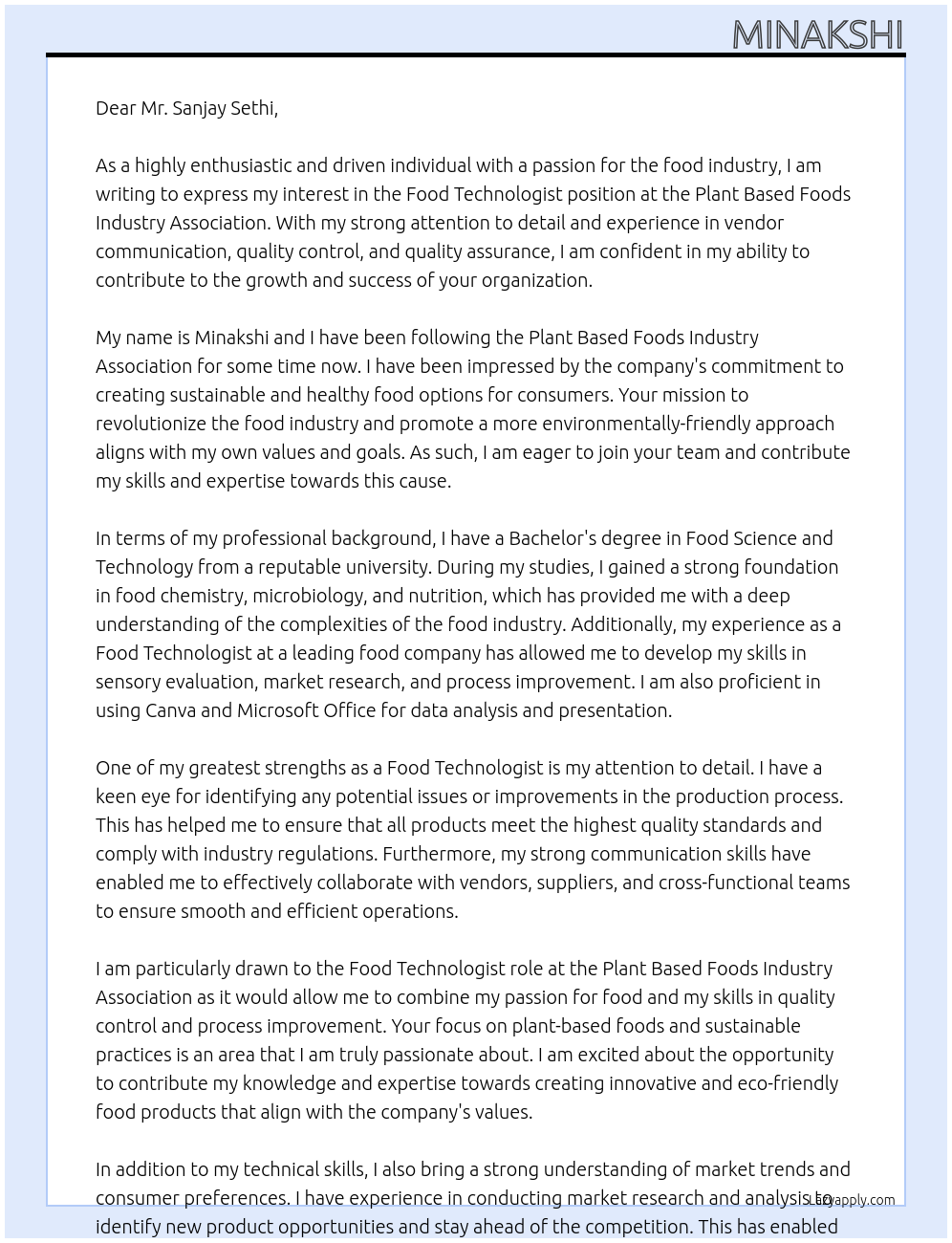 Food Technologist At  Plant Based Foods Industry Association Cover Letter