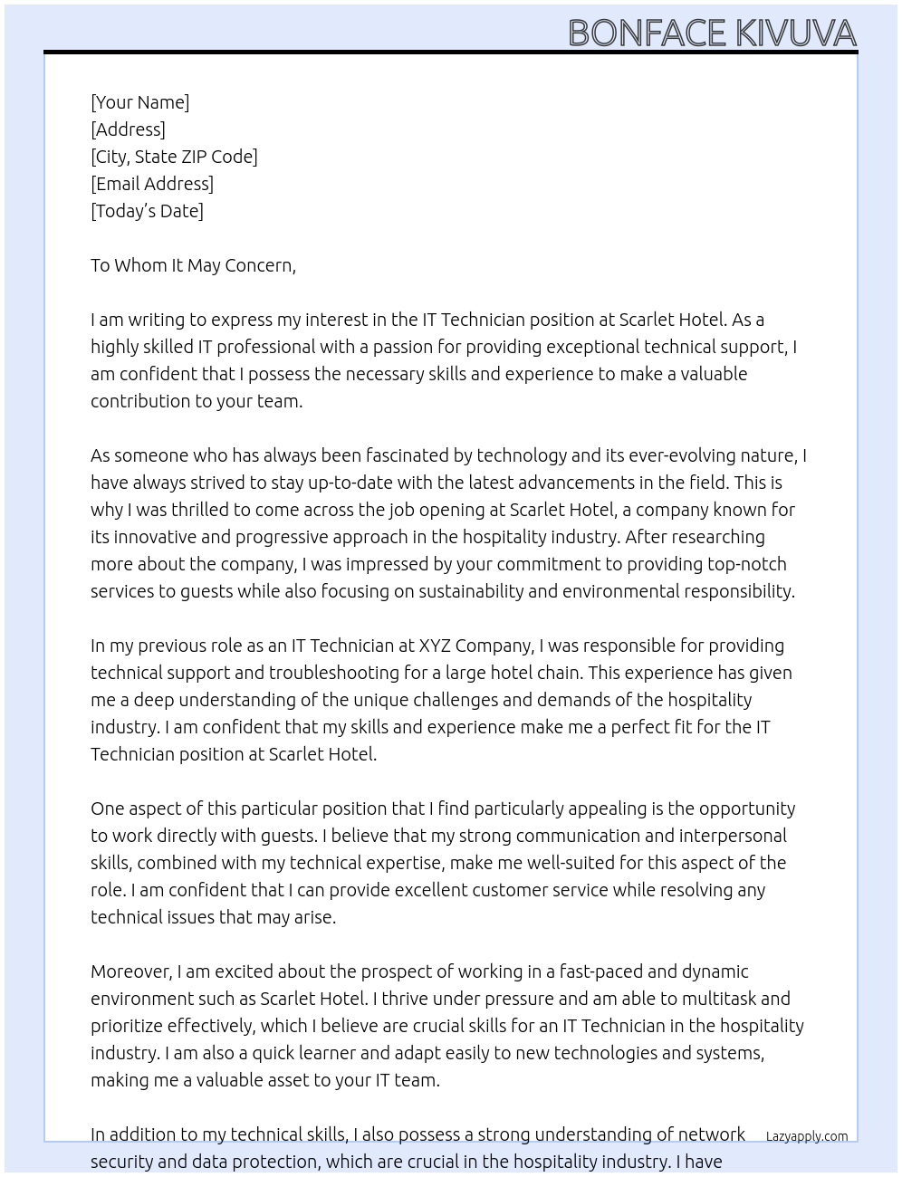 IT Technician At Scarlet Hotel Cover Letter