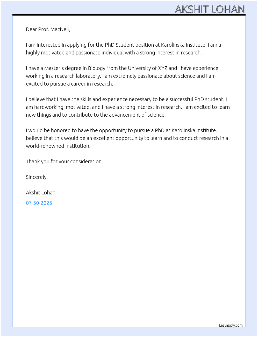 PhD Student At Karolinska Institute Cover Letter