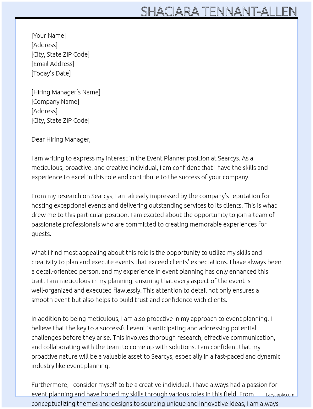Event Planner At Searcys Cover Letter
