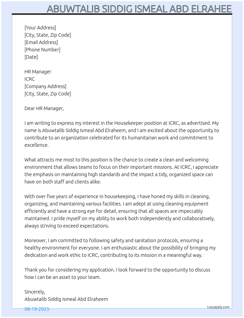 Housekeeper At ICRC Cover Letter