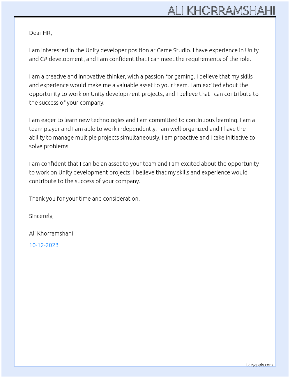 Unity developer At Game Studio Cover Letter