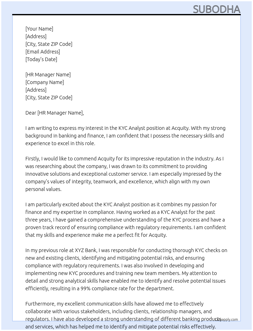 KYC Analyst At Acquity Cover Letter