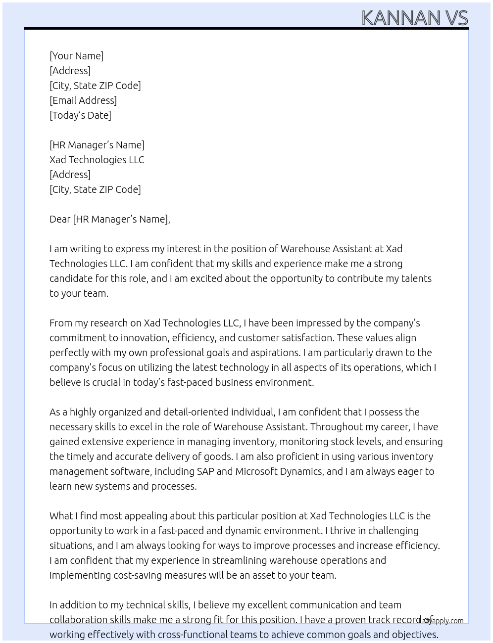 Warehouse Assistant  At Xad Technologies LLC Cover Letter