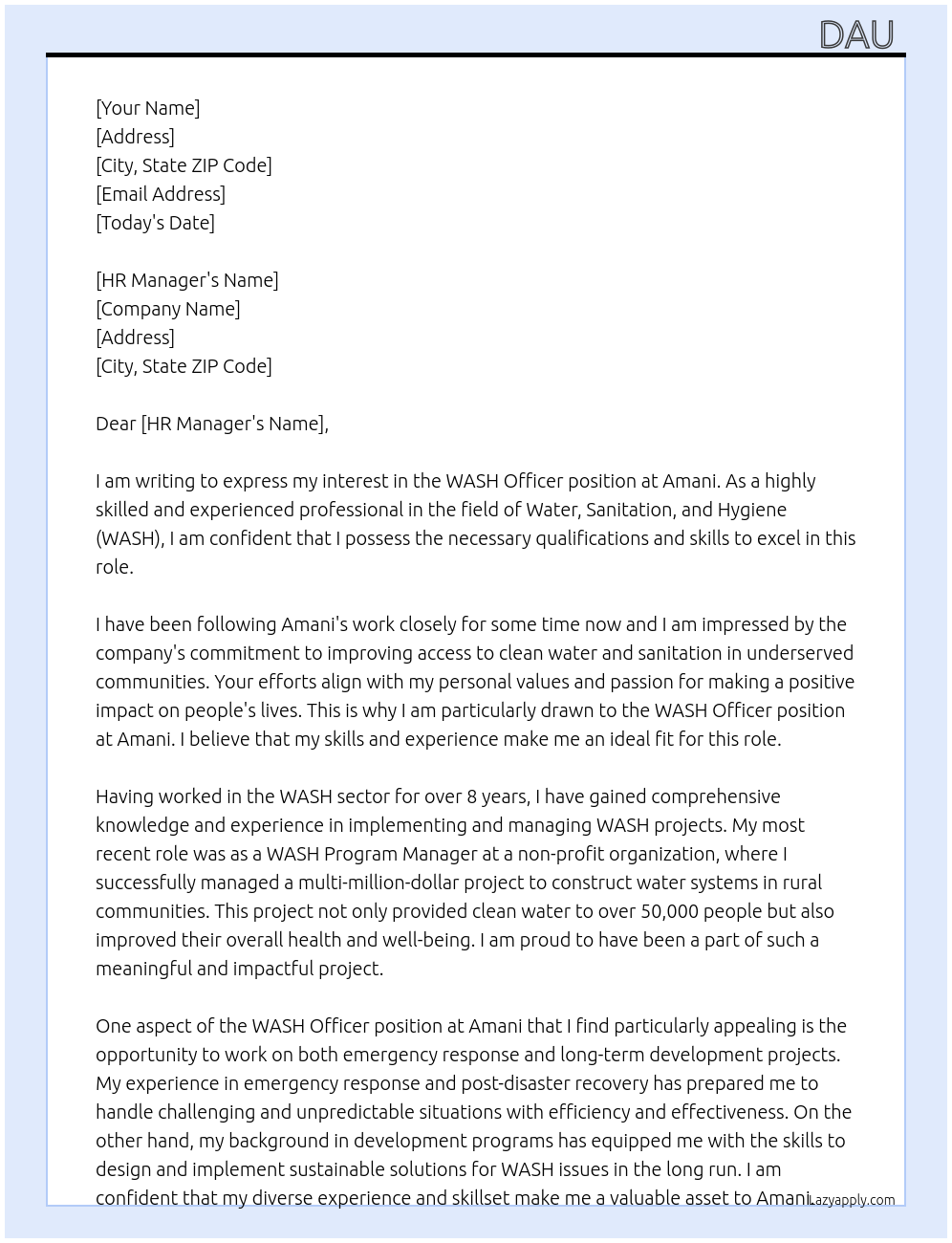 WASH officer At Amani Cover Letter