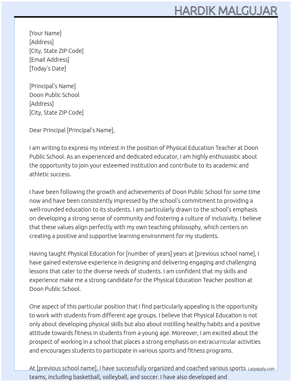 physical Education teacher At Doon public school Cover Letter