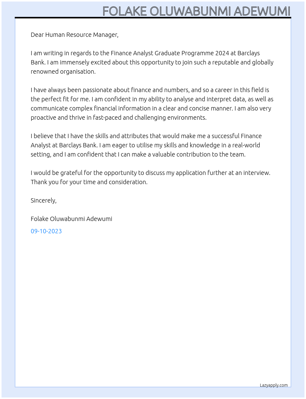 Finance Analyst Graduate Programme 2024 At Barclays Bank Cover Letter