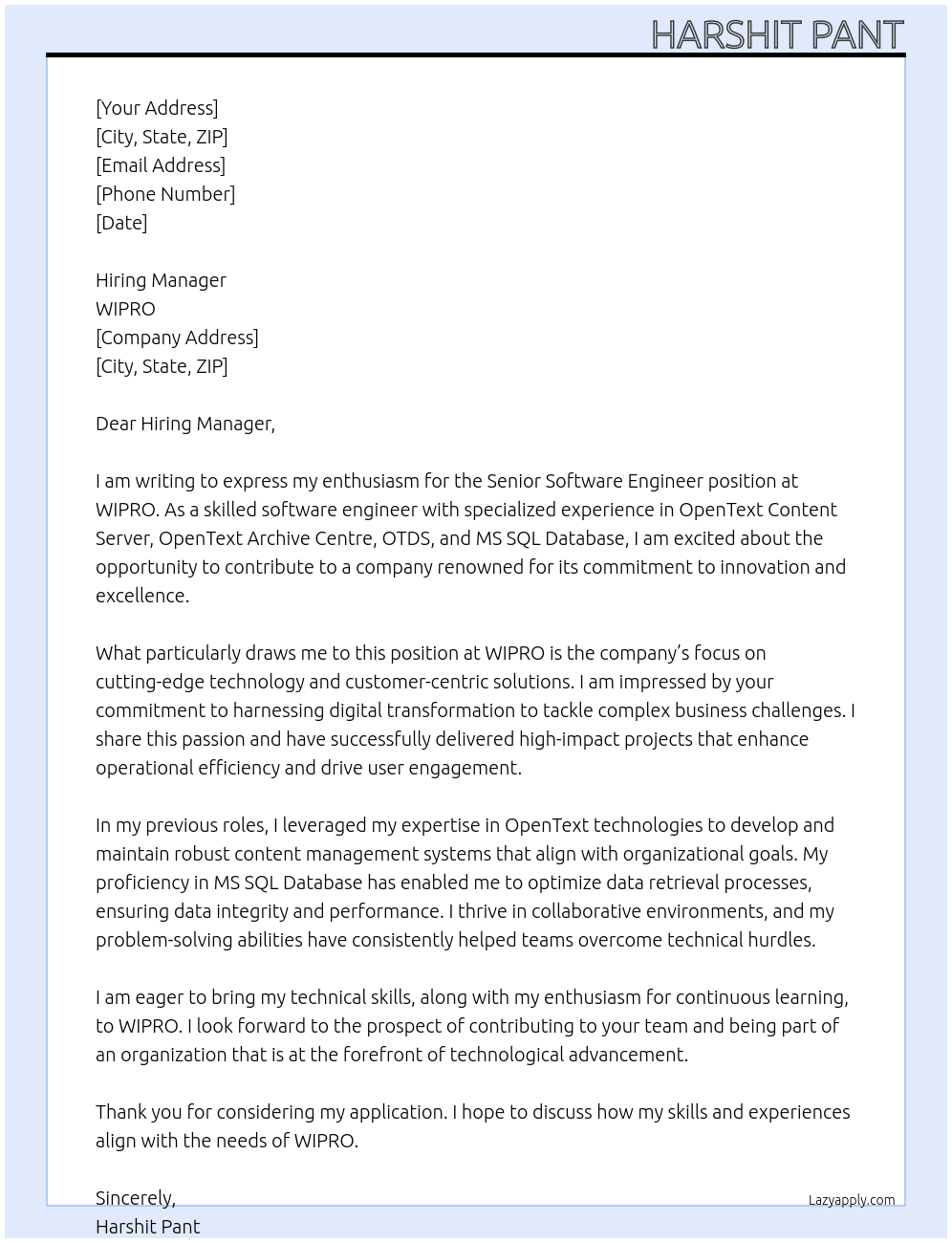 Senior Software Engineer At WIPRO Cover Letter