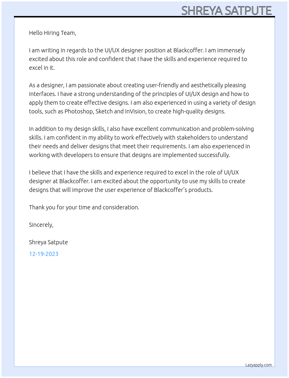 UI/UX designer At Blackcoffer Cover Letter