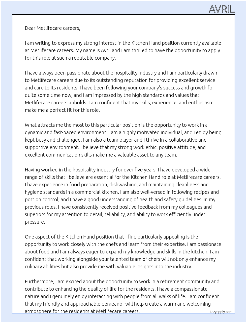 kitchen hand At Metlifecare careers Cover Letter