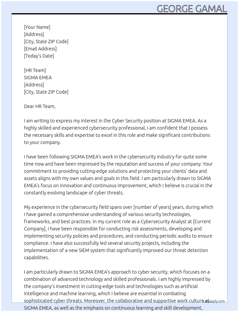 Cyber security At SIGMA EMEA Cover Letter