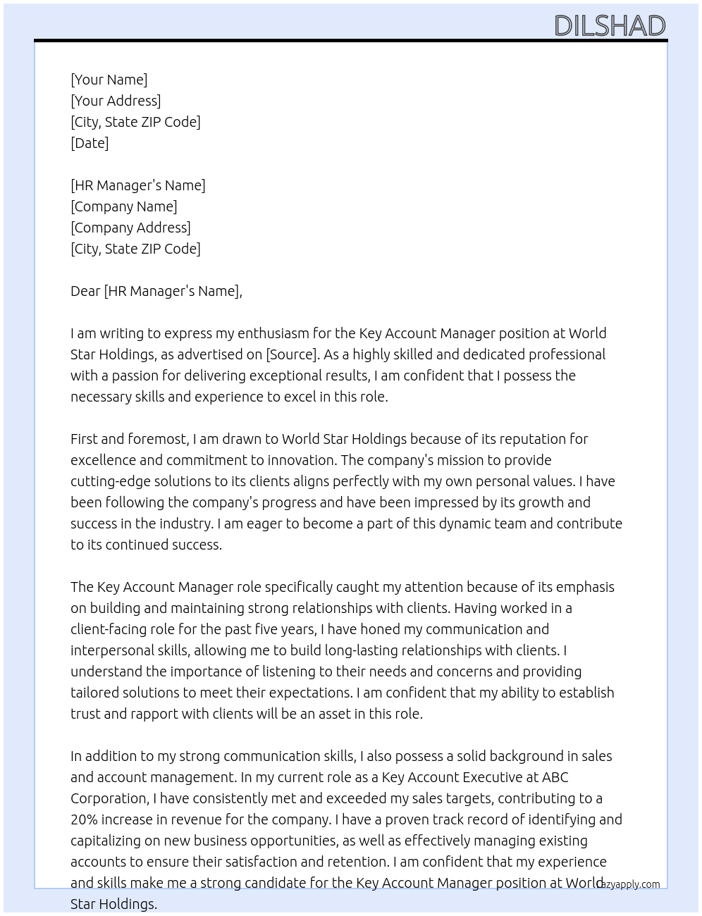 Key Account Manager At World Star Holdings Cover Letter