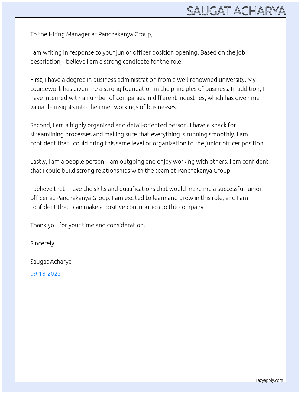 Junior officer At Panchakanya group Cover Letter