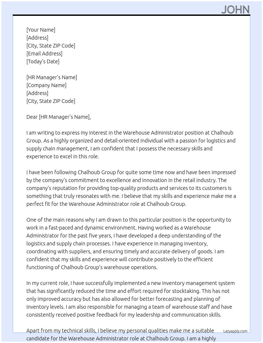 Warehouse Administrator At Chalhoub Group Cover Letter