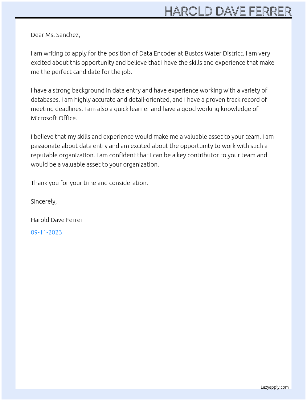 Data Encoder At Bustos Water District Cover Letter