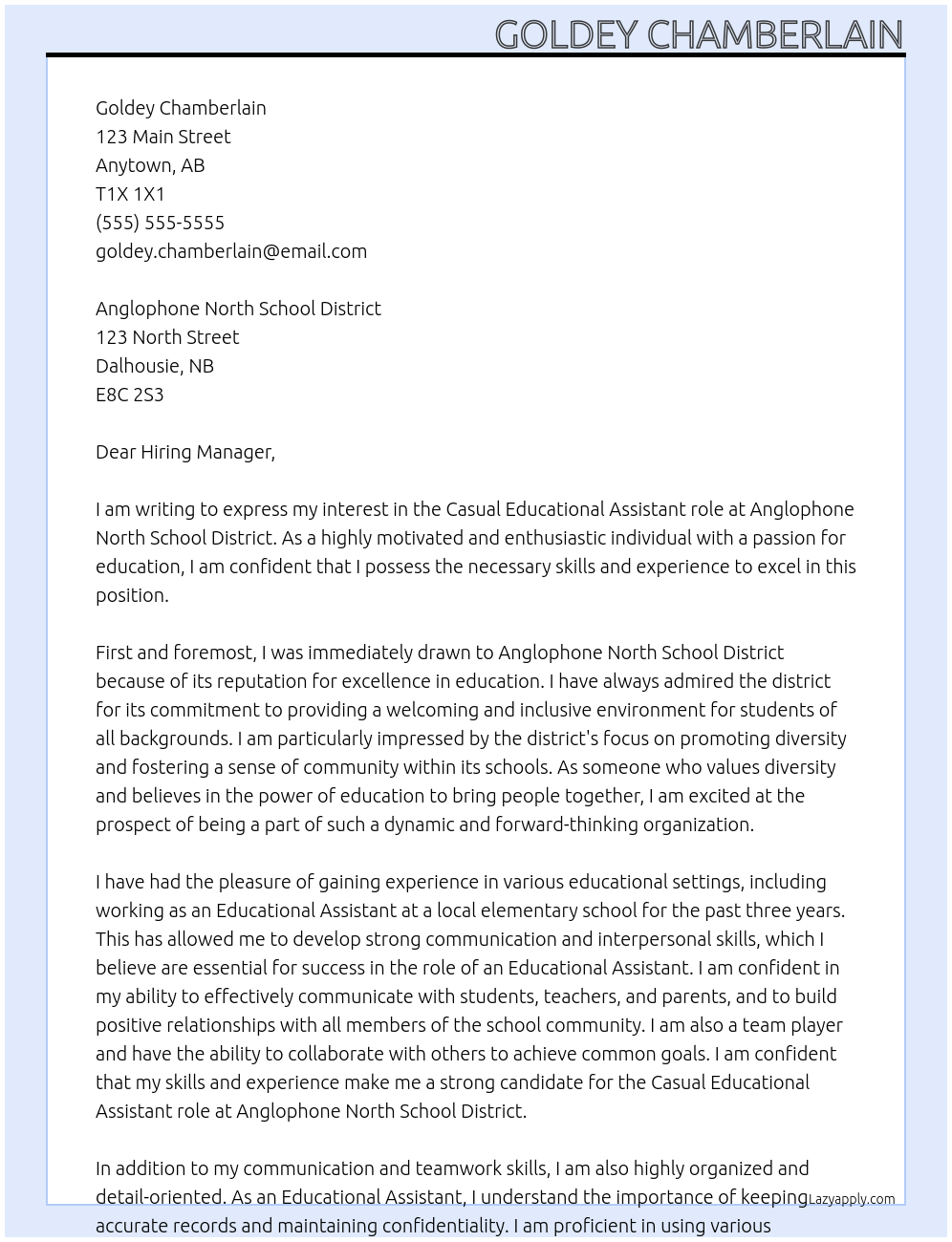 Educational Assistant At Anglophone North School District Cover Letter