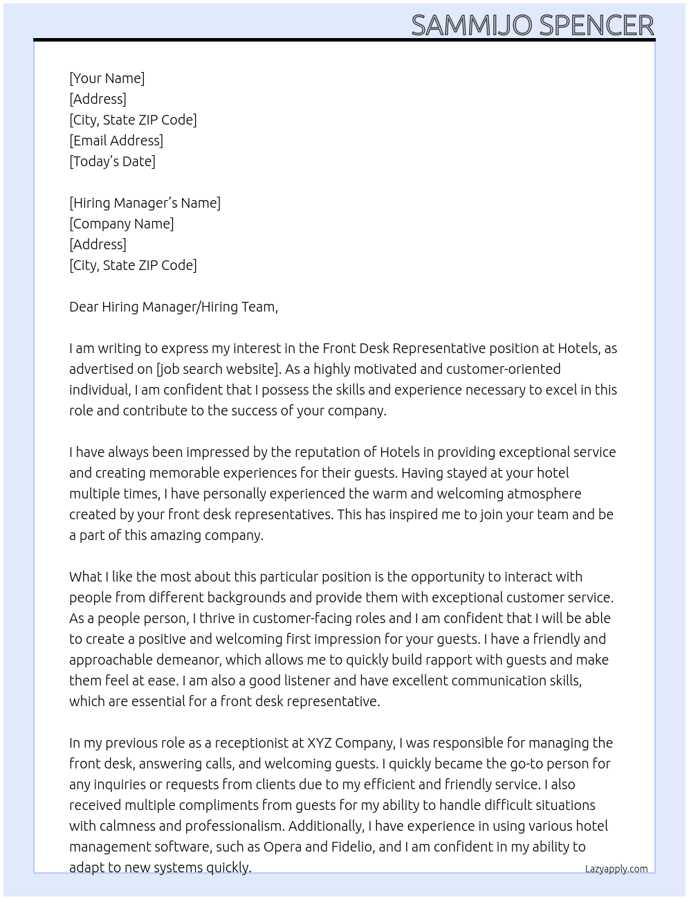 Front desk representative  At Hotels Cover Letter
