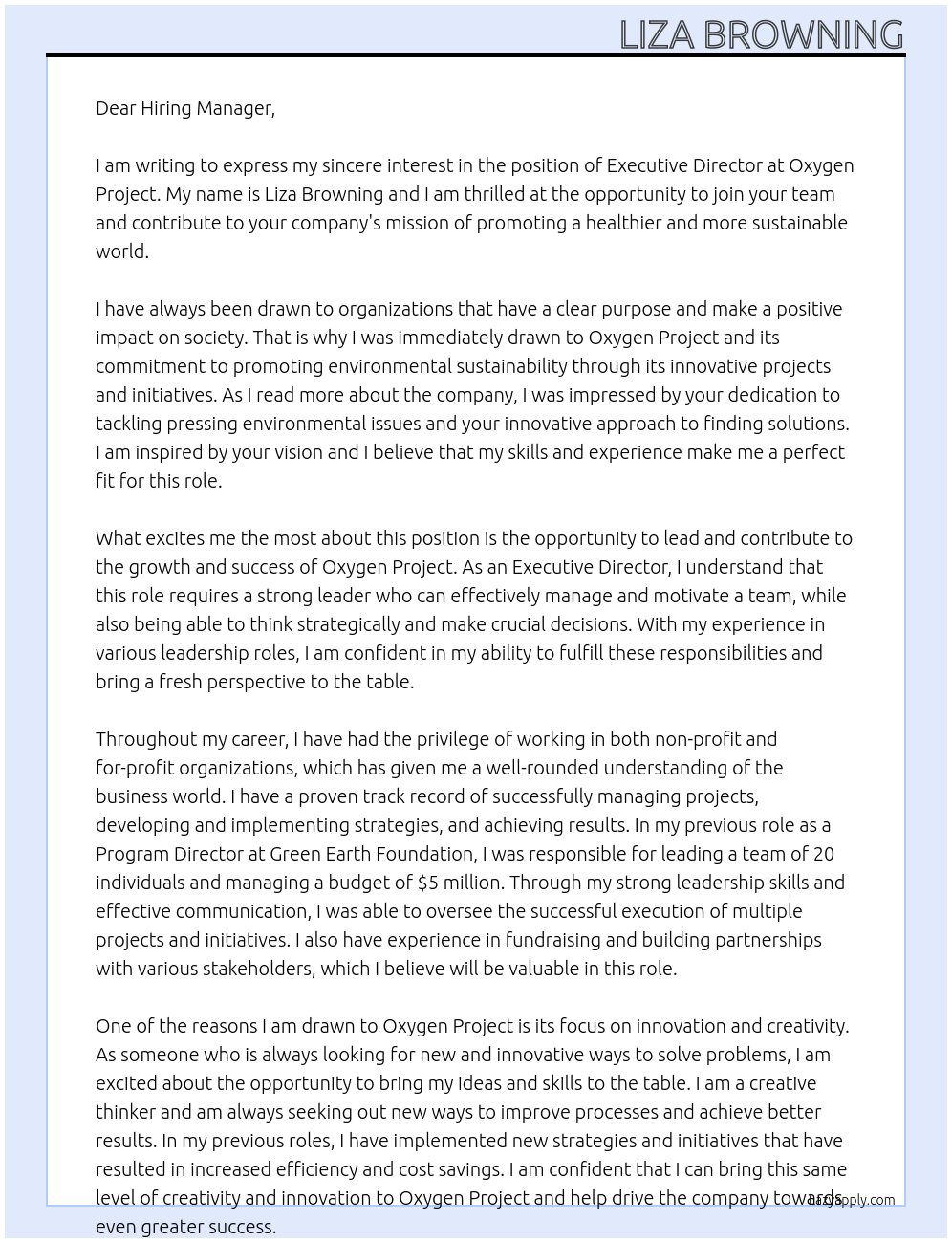 Executive Director At Oxygen Project Cover Letter