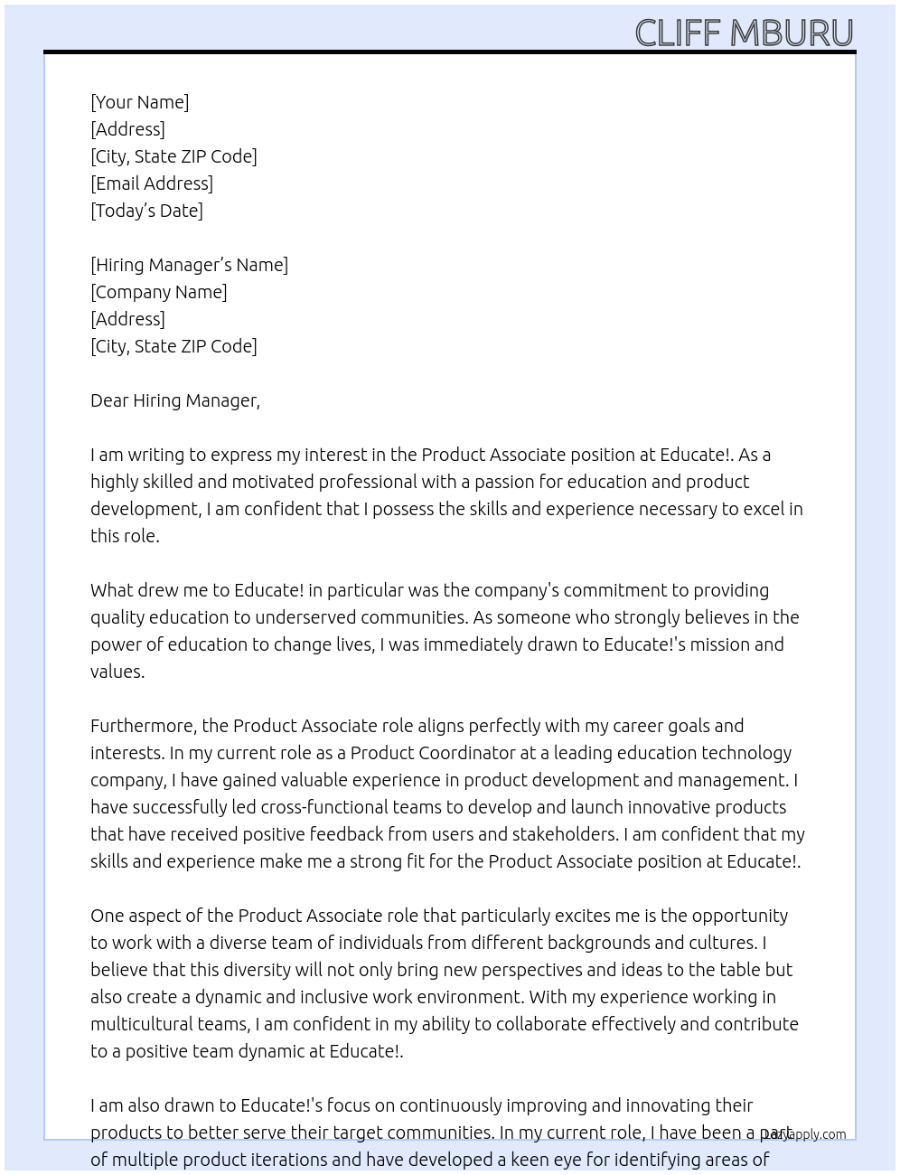 Product Associate At Educate! Cover Letter