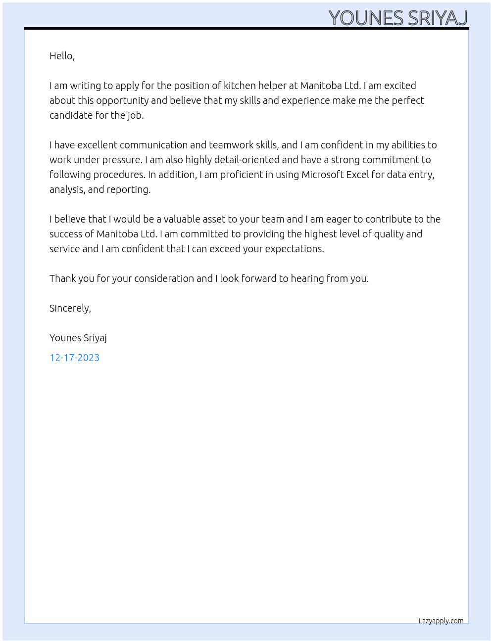 Kitchen helper At MANITOBA LTD Cover Letter