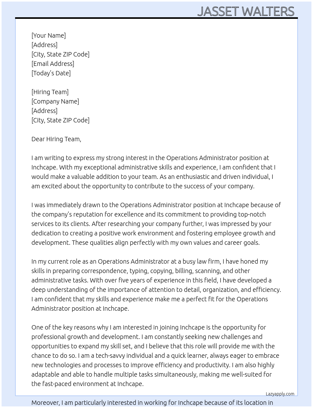 Operations administrator  At Inchcape  Cover Letter