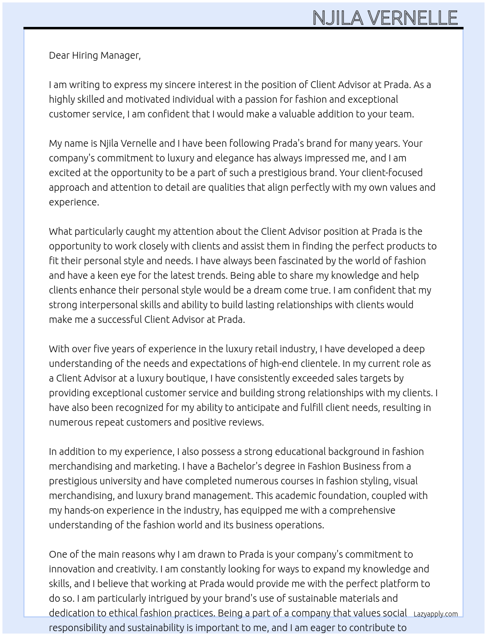 Client advisor At Prada Cover Letter