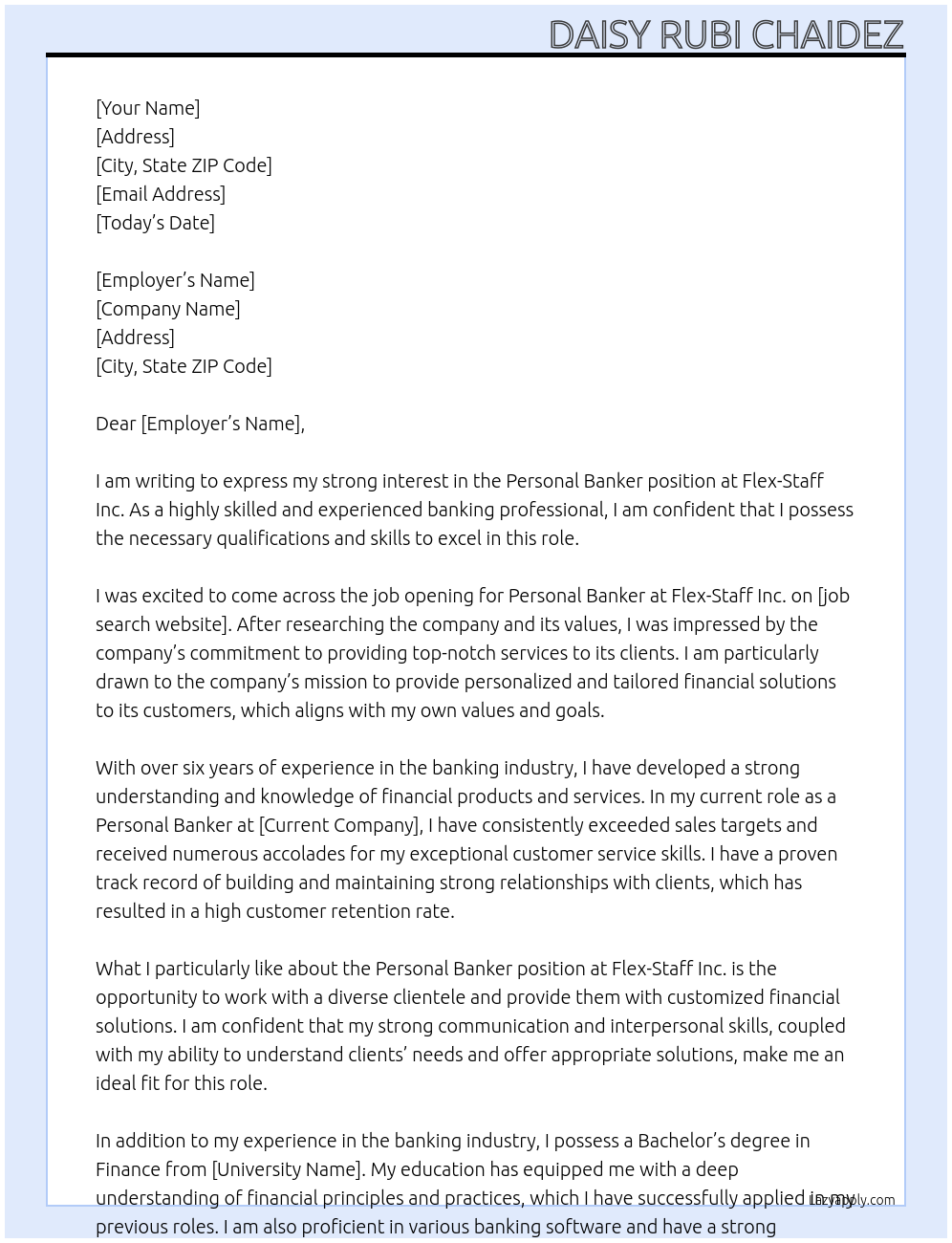Personal Banker At Flex- Staff Cover Letter