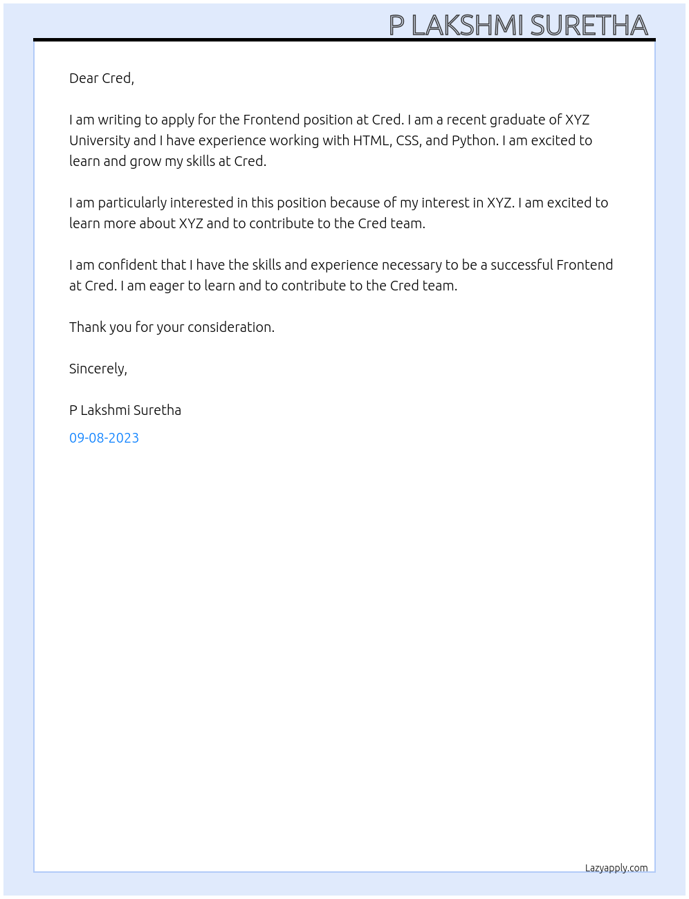 Frontend At Cred Cover Letter