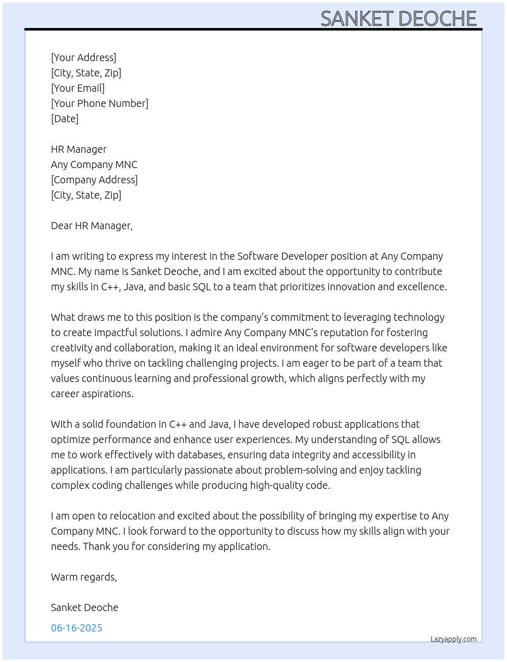 Software developer  At Any company mnc Cover Letter