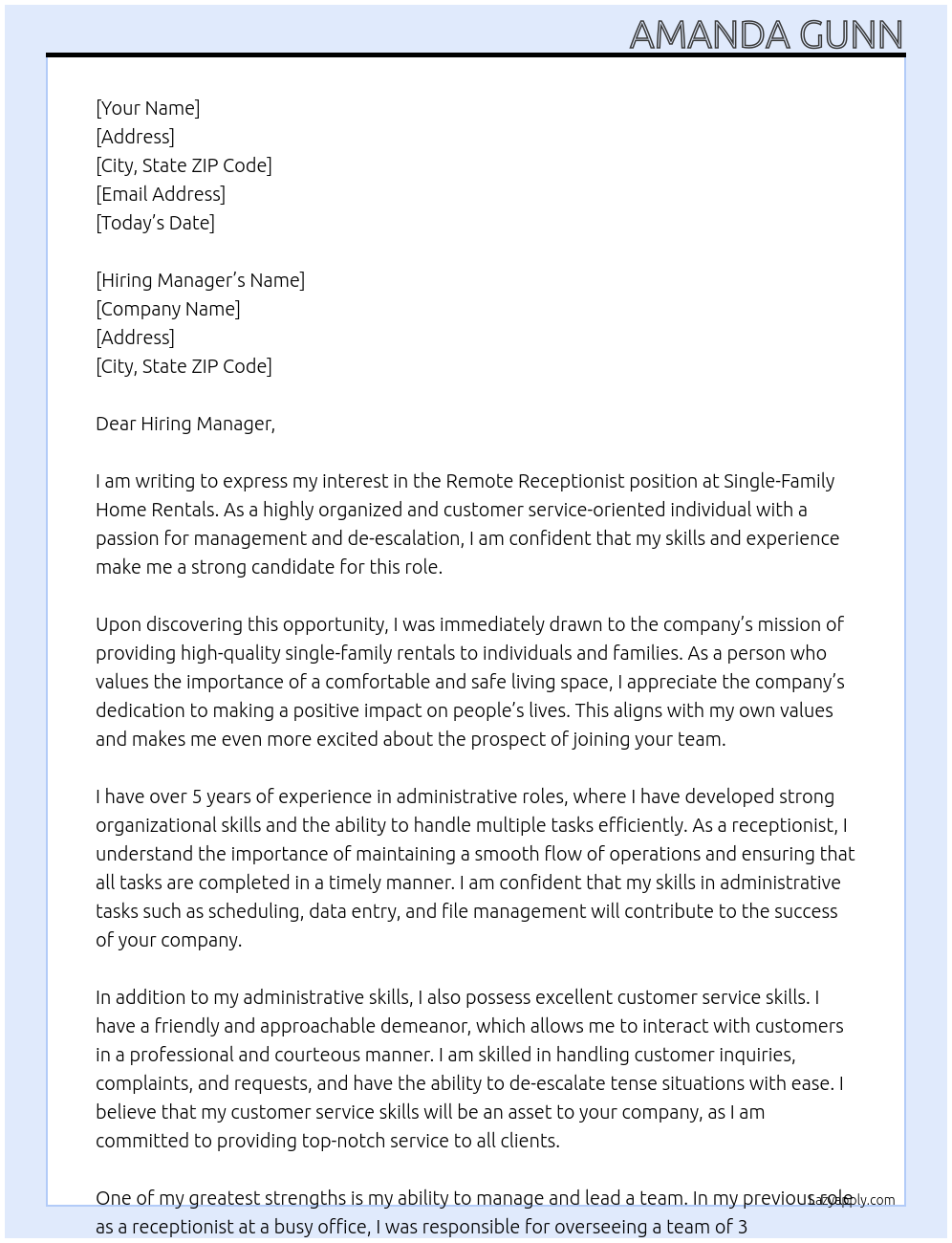 Remote Receptionist At single-family home rentals Cover Letter