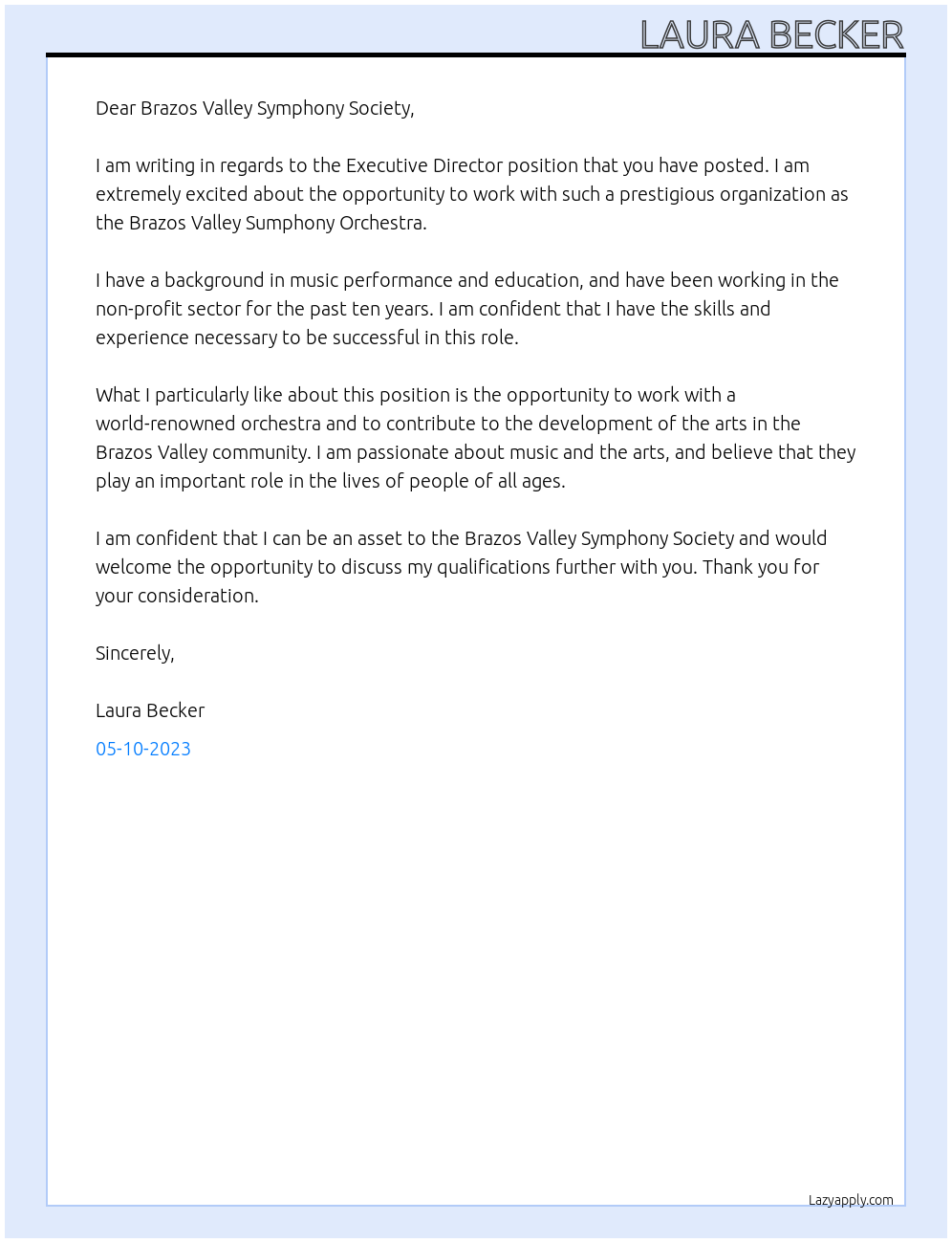 Executive Director At Brazos Valley Sumphony Orchestra Cover Letter