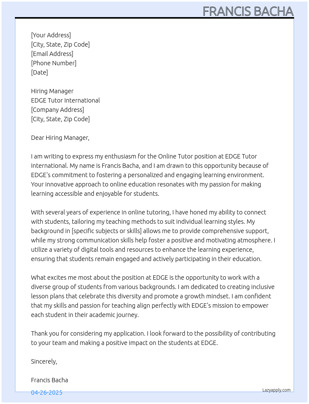 Cover letter for online tutor - LazyApply