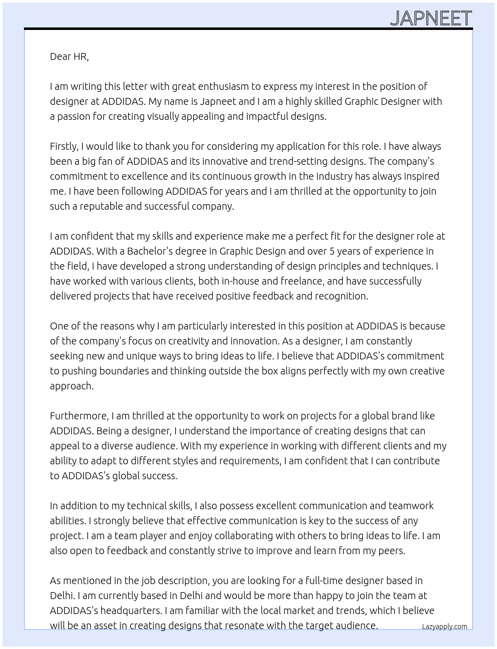 designer At ADDIDAS Cover Letter